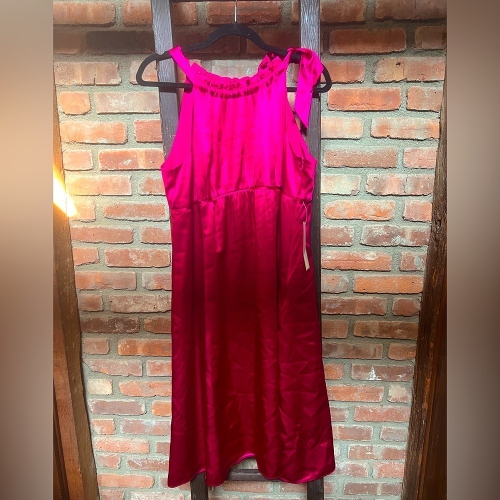 Ann Taylor deep pink fuschia tie neck A-line knee length dress NWT size 12